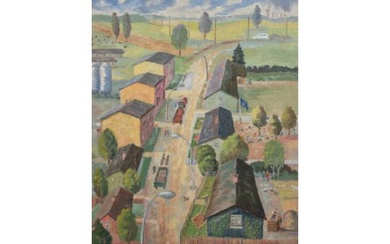 Rutenbeck, Harry (1938 Schwaan- ?) "Dorfleben in der DDR", Öl/ Hartfaser, rückseitig bez., 51x41,5