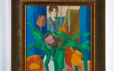 SCHUFFENECKER Jacques (1941-1996) "Autoportrait au bouquet de tulipes" Huile sur toile signée en bas à...