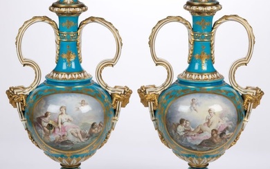 SIGNED FRENCH SEVRES-STYLE PORCELAIN COVERED URN PAIR