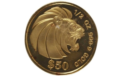 SINGAPORE, 50 DOLLARS, GOLD LION, 1990, 1/2oz