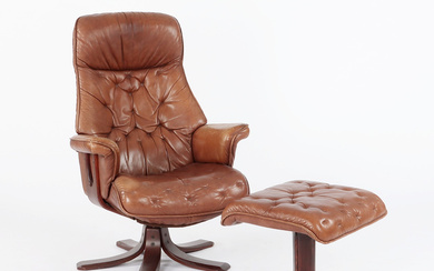 SPINNING ARMCHAIR WITH FOOTSTOOL, brown leather, Söderbergs, later part of the 20th century.