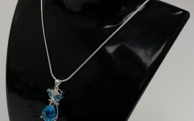 STERLING BLUE RHINESTONE CAT PENDANT PAIRED WITH SILVER 925 SNAKE LINK NECKLACE