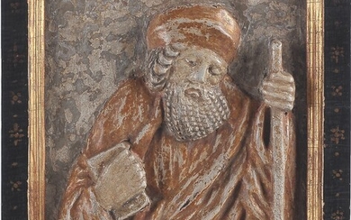 Saint Pierre Relief en bois Ca. 1500/20 Ensemble polychrome Cadre 19ème siècle Hauteur 21cm, largeur...