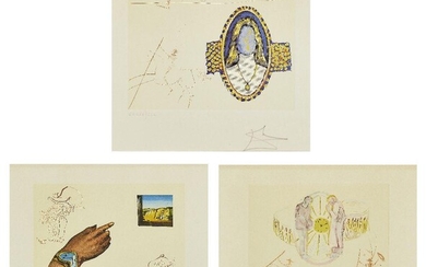Salvador Dalí, Spanish 1904-1989- The Cycles of Life [Field 79-1], 1977; the complete suite of three etchings with photolithograph in colours on Arches wove, each sheet signed and numbered CCLXX/CCC in pencil, printed by Forte Barcelona, published...