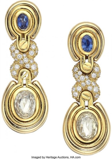 Sapphire, Diamond, Gold Earrings, French Stones
