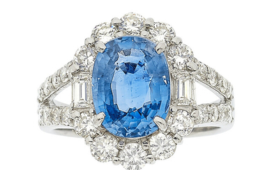 Sapphire, Diamond, Platinum Ring Stones: Oval-shaped sapphire weighing 3.24...