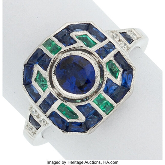 Sapphire, Emerald, Diamond, White Gold Ring The ring features...