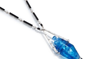 Sapphire, Onyx and Diamond Pendent Necklace | 127.92克拉 天然藍寶石 配 縞瑪瑙 及 鑽石 項鏈