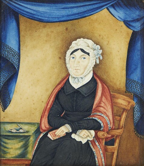Scottish Provincial School, early/mid 19th Century- Portrait of a seated woman holding a book; watercolour and bodycolour on paper, 21.5 x 19 cm.