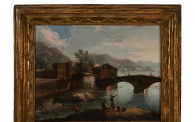 Scuola romana del XVIII secolo Paesaggio con ponte e...