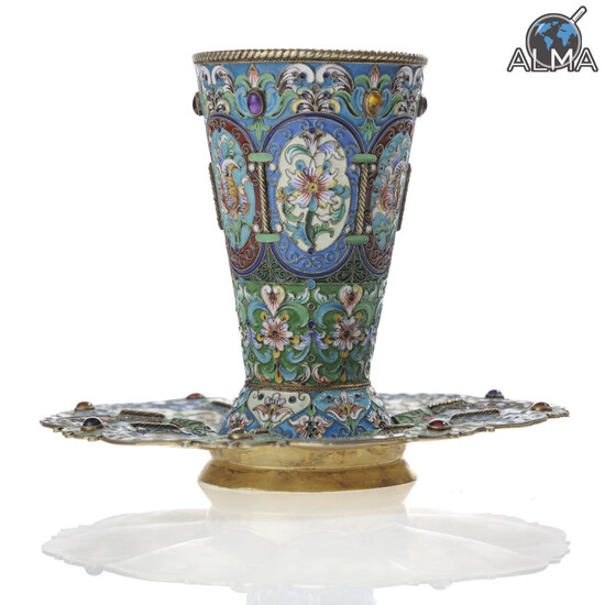 Set of Cup & Saucer Made of Gilded Silver Integrated w/ Cloisonne Enameling and Gemstones
