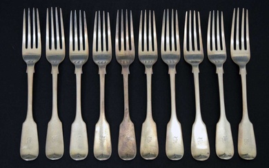 Set of ten Victorian Fiddle pattern silver dessert forks