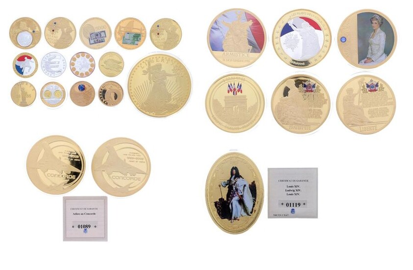 Set of various medals in gold metal including