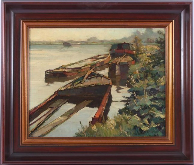 Signed E Wiegman, verso note Old barges, canvas 40.5 x