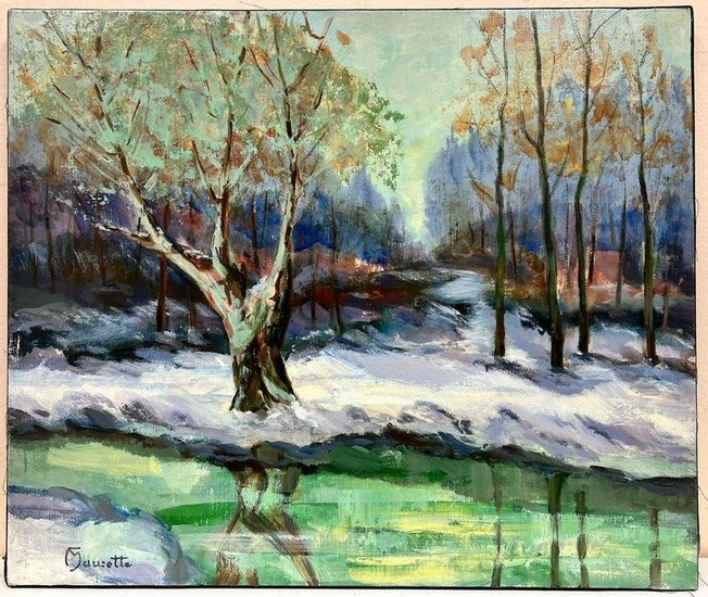 Signed French Post Impressionist Oil Winter Landscape with Snowy River
