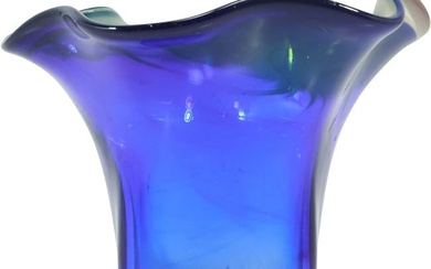 Signed SALAMANDRA Studio Art Glass Vase in Cobalt Blue 5 in. height x 6.75 in. wide