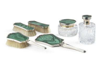 Silver and malachite toiletries consisting of three brushes, mirror, powder case and perfume bottle. Title 925. Milan, silversmiths Fratelli Cacchione…