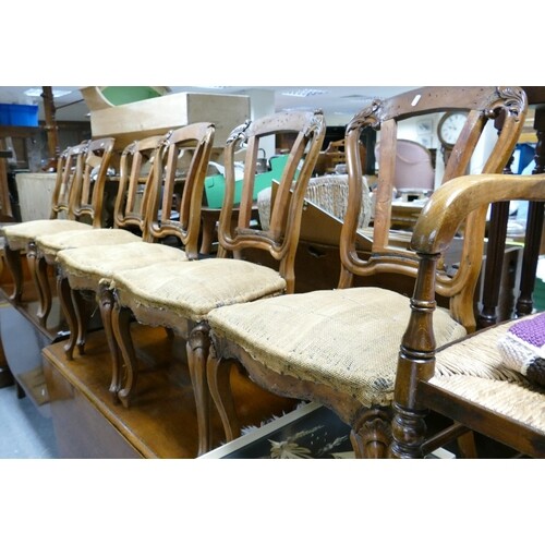 Six Victorian walnut framed dining chairs on cabriole legs: ...