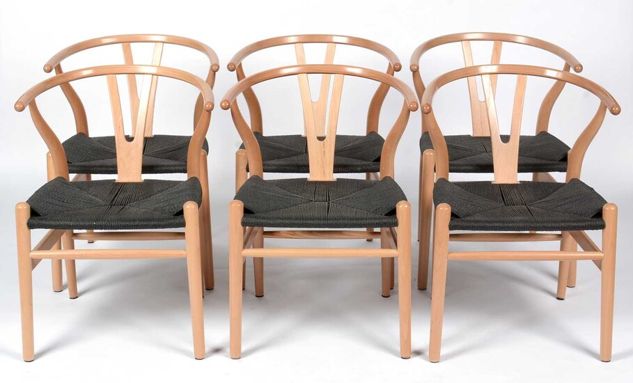 Six modern CH25 style beech and black cord wishbone chairs .