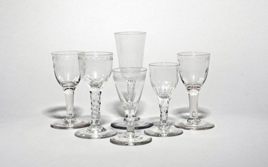 Six wine glasses c.1760-70, a pair with light moulding beneath...