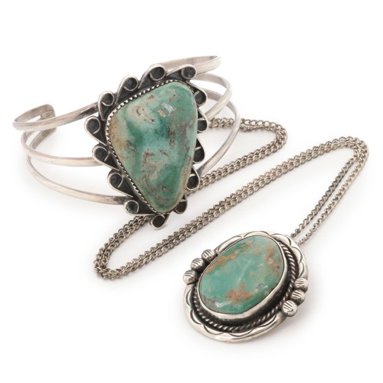 Southwestern Style Sterling Silver Turquoise Pendant and Bracelet