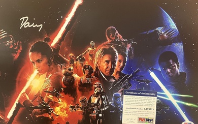 Star Wars Force Awakens Daisy Ridley signed mini poster. PSA authenticated