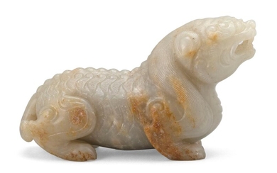 GRAY AND RUSSET JADE CARVING OF A MYTHICAL...