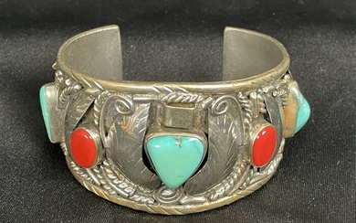 Sterling Silver Turquoise & Coral Cuff Bracelet
