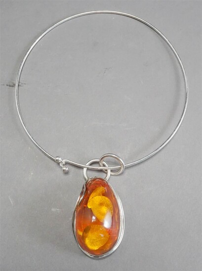 Sterling Silver and Simulated Amber Pendant Necklace