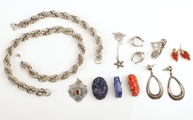 Sterling, coral, lapis and 14K jewelry grouping