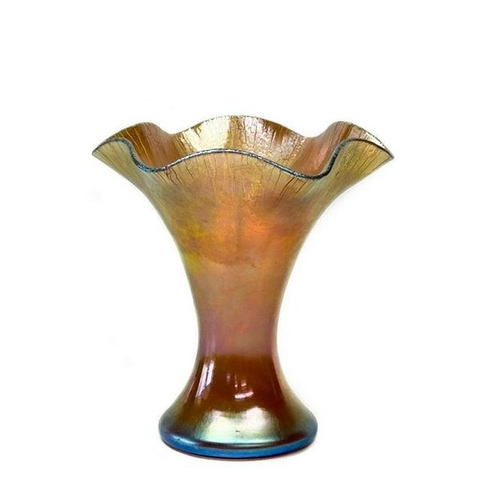 Steuben Gold Aurene Iridescent Glass Vase Ruffled Rim