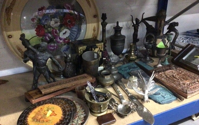 Sundry antique and later items, including a Tunbridge ware cribbage board, watches, Eastern metal wares, Grand Tour style spelter figures, etc
