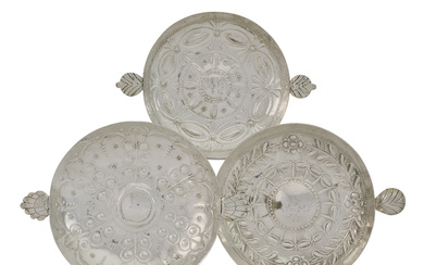 THREE CHARLES I AND COMMONWEALTH SILVER TWO-HANDLED SWEETMEAT DISHES VARIOUS...