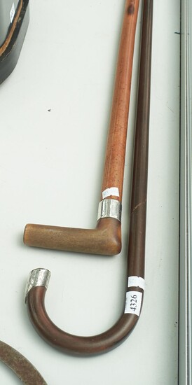 TWO 1900S CANE AND WOODEN WALKING STICKS, ONE WITH HORN HANDLE AND BOTH WITH STERLING SILVER COLLAR AND CAP