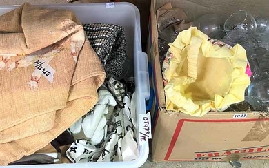 TWO BOXES OF SUNDRY GLASSWARE AND TEXTILES