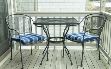 TWO METAL LATTICE PATIO TABLES WITH (6) MATCHING CHAIRS