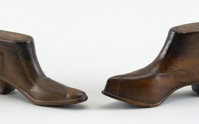 TWO PRISONER-MADE BOOT-FORM TREEN STUFF BOXES Lengths
