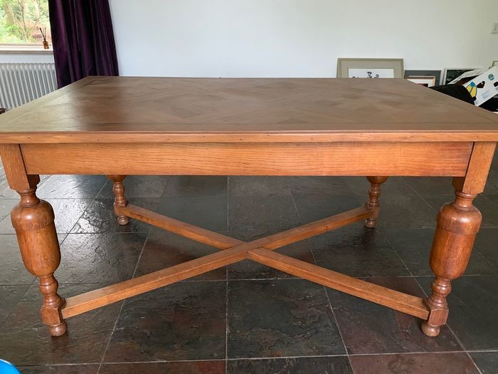 Table, Rectangular 'bottle leg' table connected with cross bar