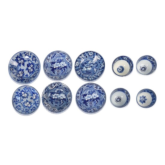 Ten Staffordshire Blue Transfer-Printed Cups and