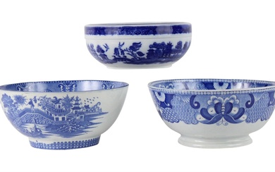 Three Blue-and-White Transfer Decorated Bowls