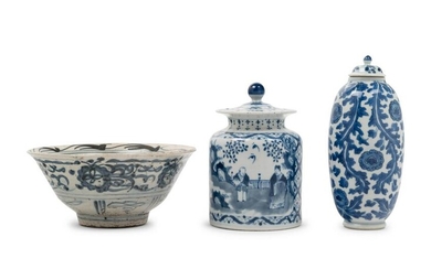Three Chinese Export Blue and White Porcelain Wares