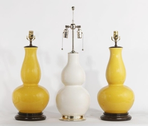 Three Chinese glazed porcelain gourd form lamps