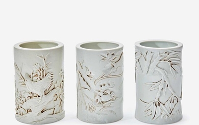 Three Chinese molded and carved porcelain brushpots 瓷塑雕刻笔筒一组三件 Mark of Wang Bingrong 王炳荣款