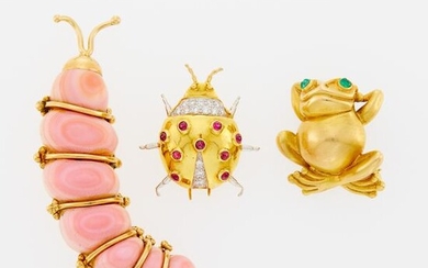 Three Gold, Coral, Diamond, Cabochon Ruby and Emerald Insect and Frog Pins