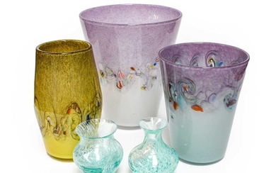 Three Scottish Vasart glass vases and two other glass...