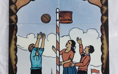 Tile - Tile tableau showing the game of korfball in the 20th century - Delft, Plateelbakkerij - Art Deco - 1920-1930