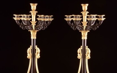 Toegeschreven aan Claude Galle Atelier - Candelabra, Imposing stylish chic 7-light candlesticks (2) - Empire - Bronze (gilt), Bronze (patinated) - 19th century