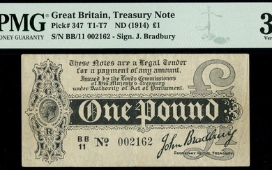 Treasury Series, John Bradbury, first issue £1, ND (7 August 1914), serial number BB/11 002162,...