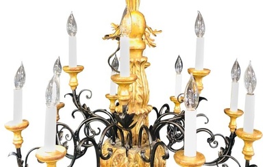 Twelve Light Italian Parcel-Gilt Decorated Chandelier with Canopy