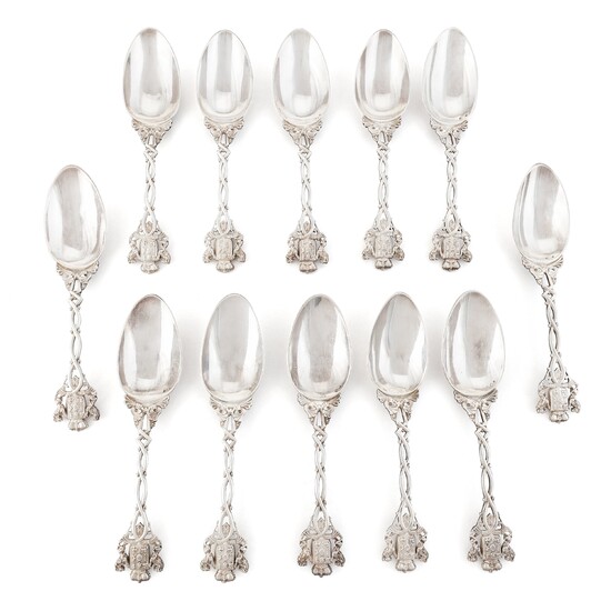 Twelve silver spoons from Yusupov's Scandinavian service, marked by Alex Gueyton,Paris, 19th Century, with import mark.